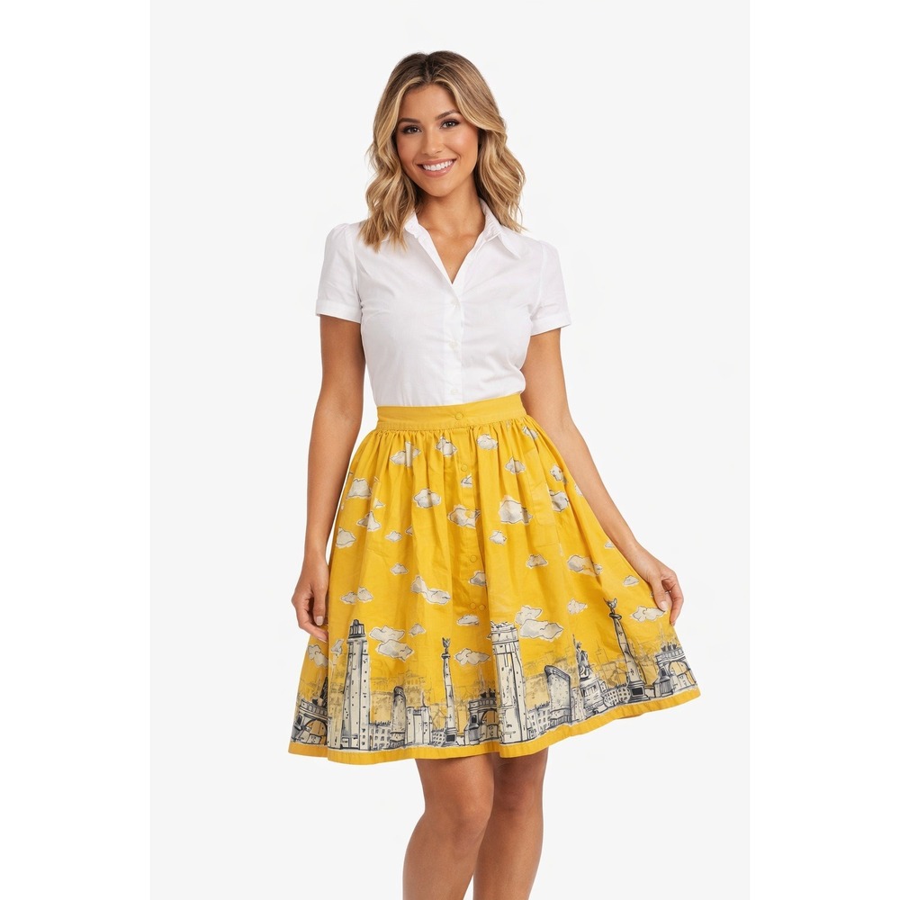 Lindy Bop Adalene Yellow Skyline Cityscape Retro Rockabilly Skirt US 16 XL